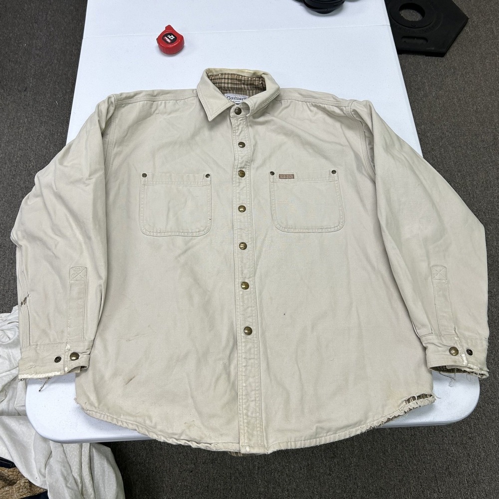 Carhartt Shirt Jacket Mens Large Tan Flannel Lined Distressed S96STN